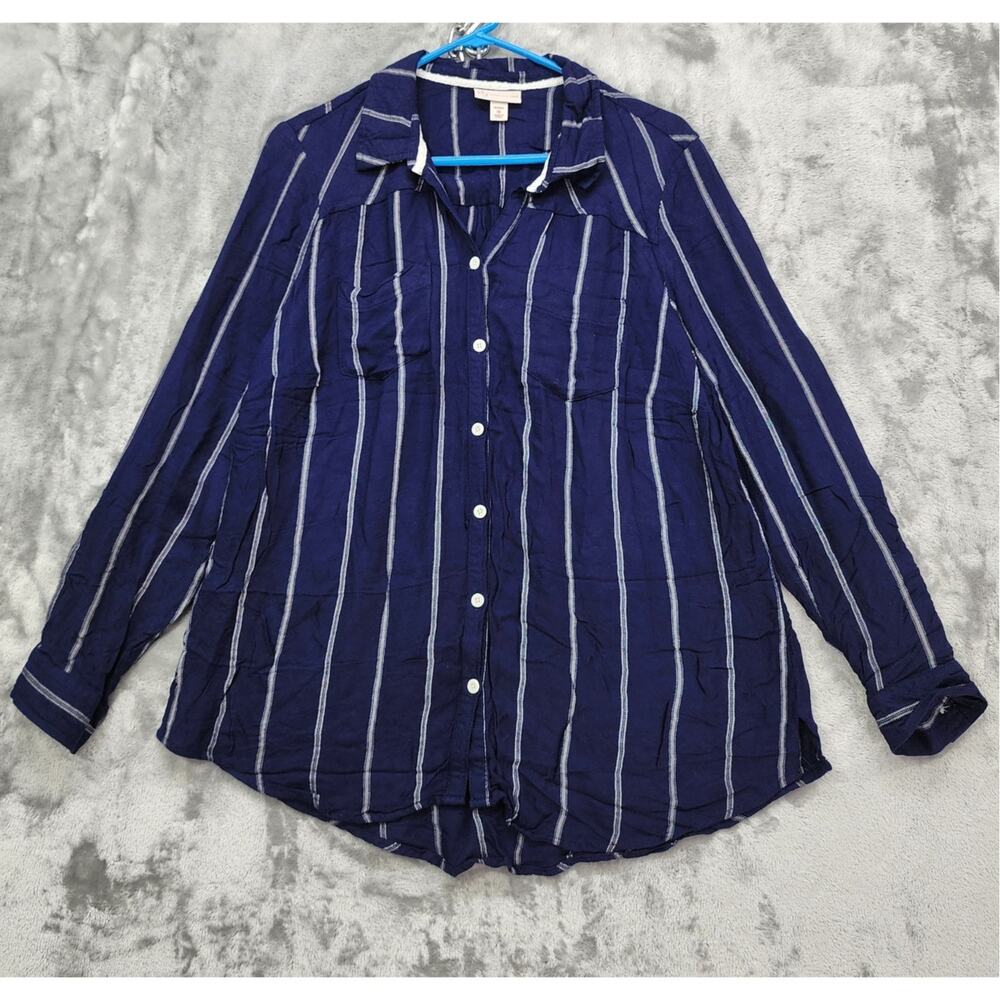 DB Established 1962 Top Womens 1X Blue White‎ Striped Button Up Roll Tab Sleeves